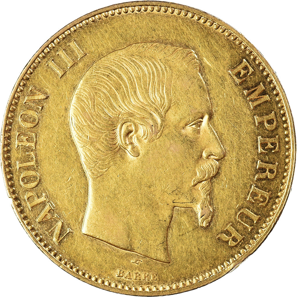 Moneda, Francia, Napoleon III, 100 Francs, 1855, Paris, MBC+, Oro, KM:786.1