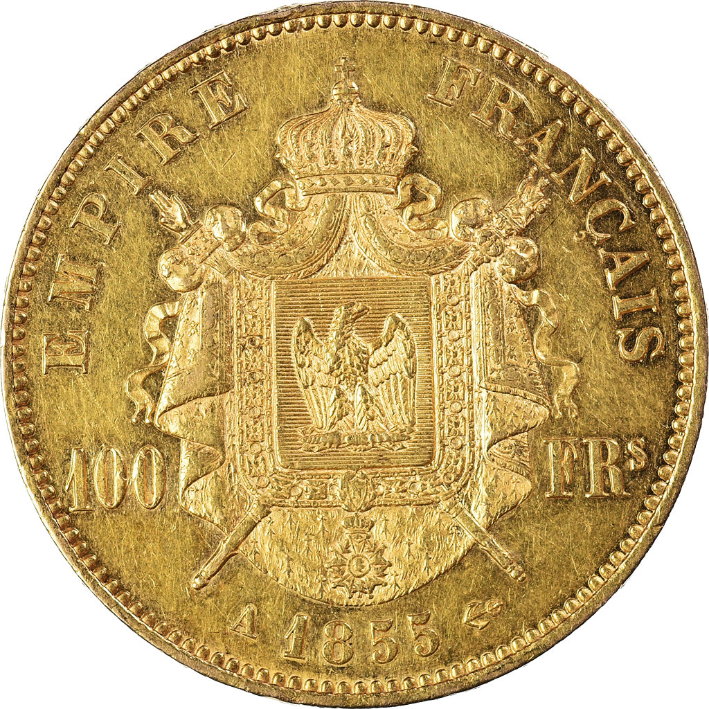 Moneda, Francia, Napoleon III, 100 Francs, 1855, Paris, MBC+, Oro, KM:786.1
