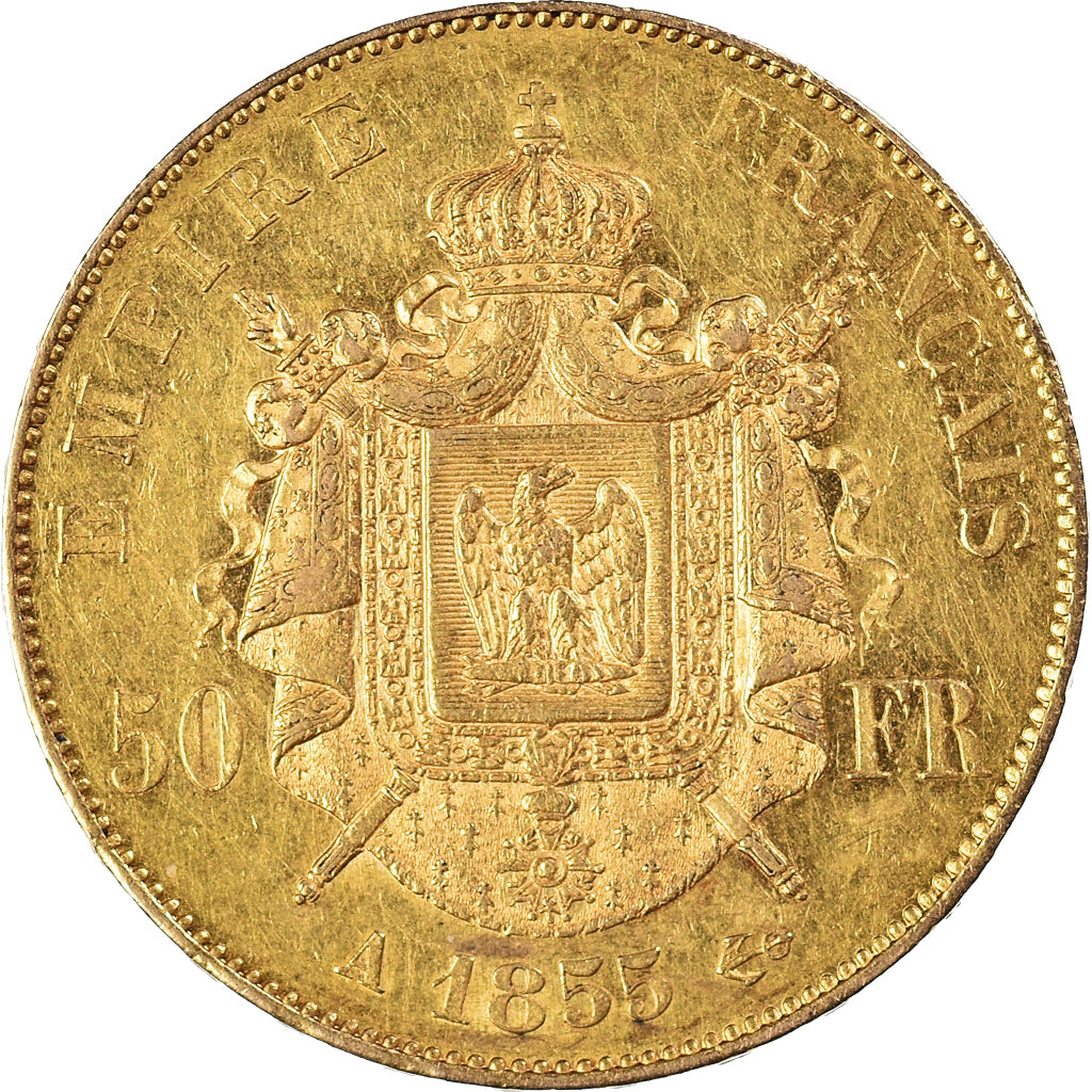 Moneta, Francia, Napoleon III, 50 Francs, 1855, Paris, BB+, Oro, KM:785.1