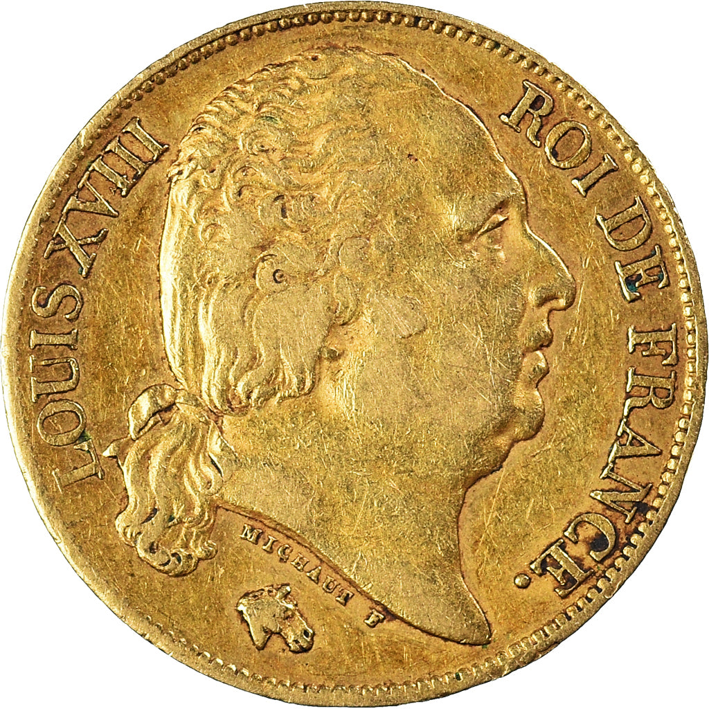 Moneta, Francia, Louis XVIII, 20 Francs, 1824, Lille, MB+, Oro, KM:712.9