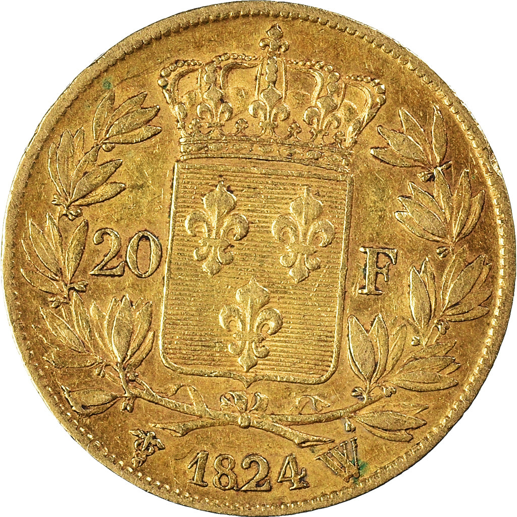 Moneta, Francia, Louis XVIII, 20 Francs, 1824, Lille, MB+, Oro, KM:712.9