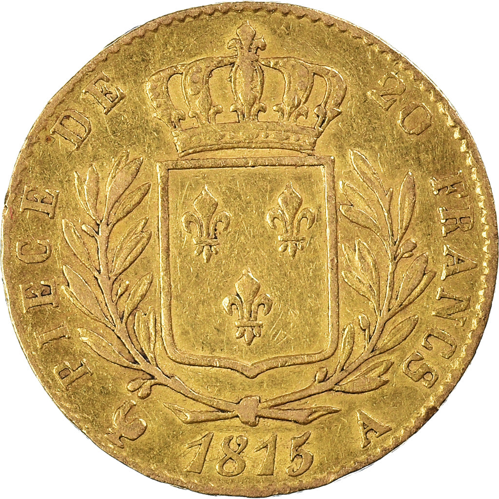 Moneda, Francia, Louis XVIII, 20 Francs, 1815, Paris, BC+, Oro, KM:706.1, Le