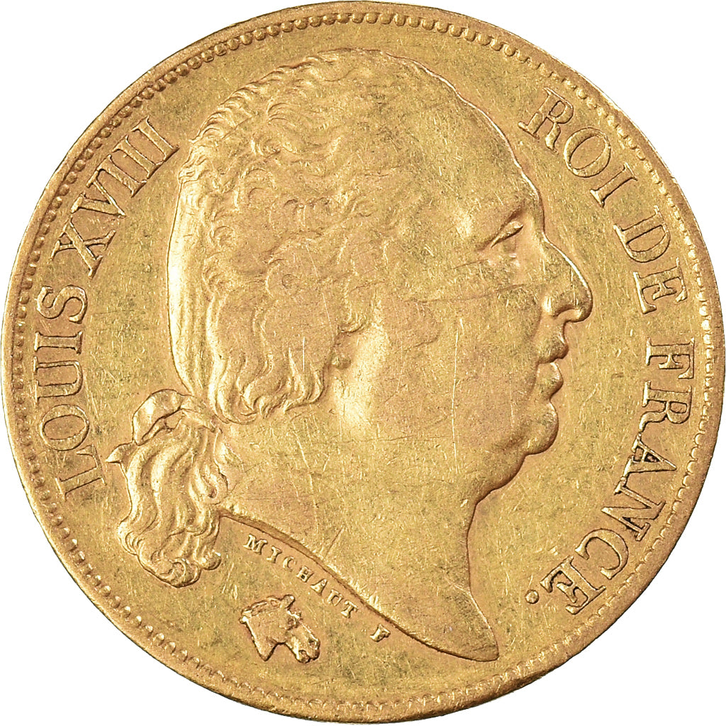 Moneta, Francja, Louis XVIII, 20 Francs, 1824, Paris, EF(40-45), Złoto