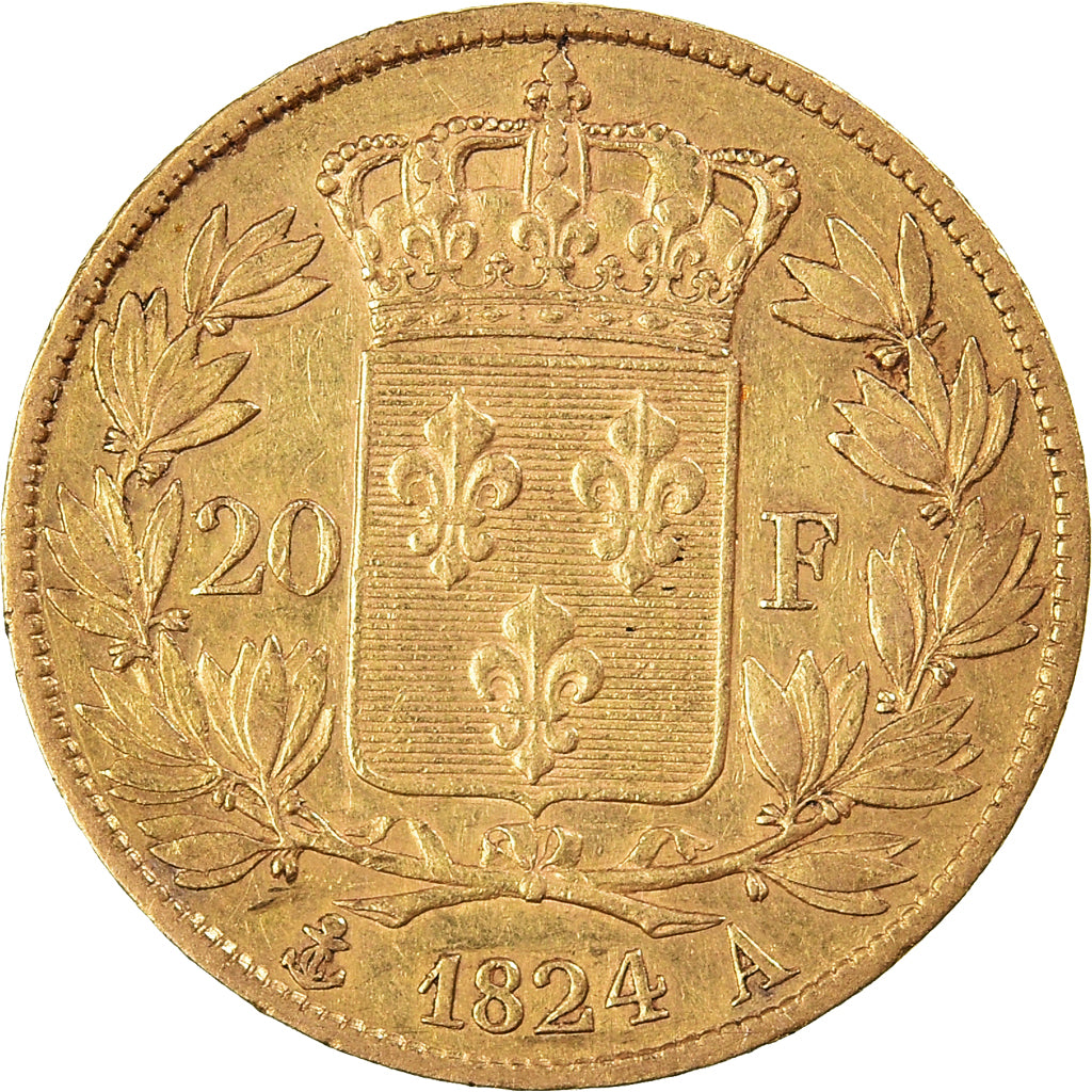 Moneta, Francja, Louis XVIII, 20 Francs, 1824, Paris, EF(40-45), Złoto