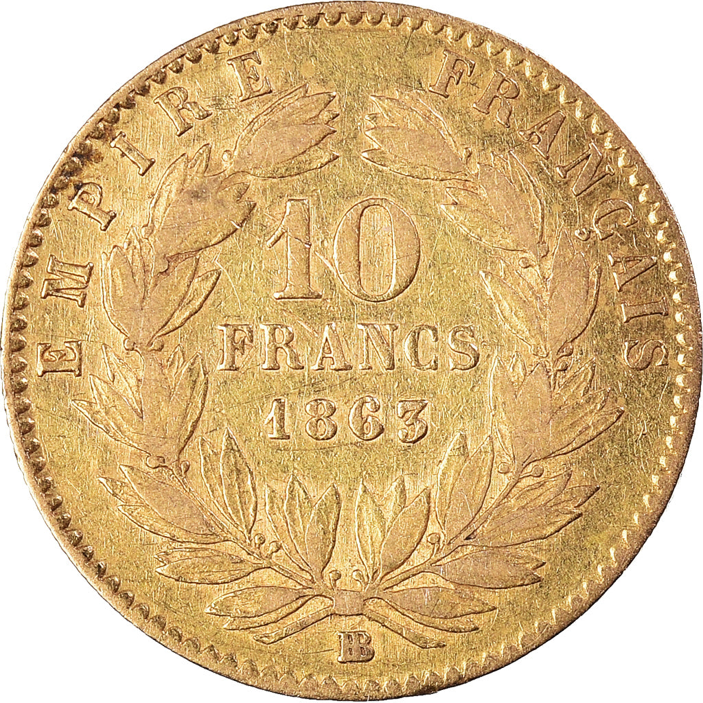 Coin, France, Napoleon III, 10 Francs, 1863, Strasbourg, EF(40-45), Gold