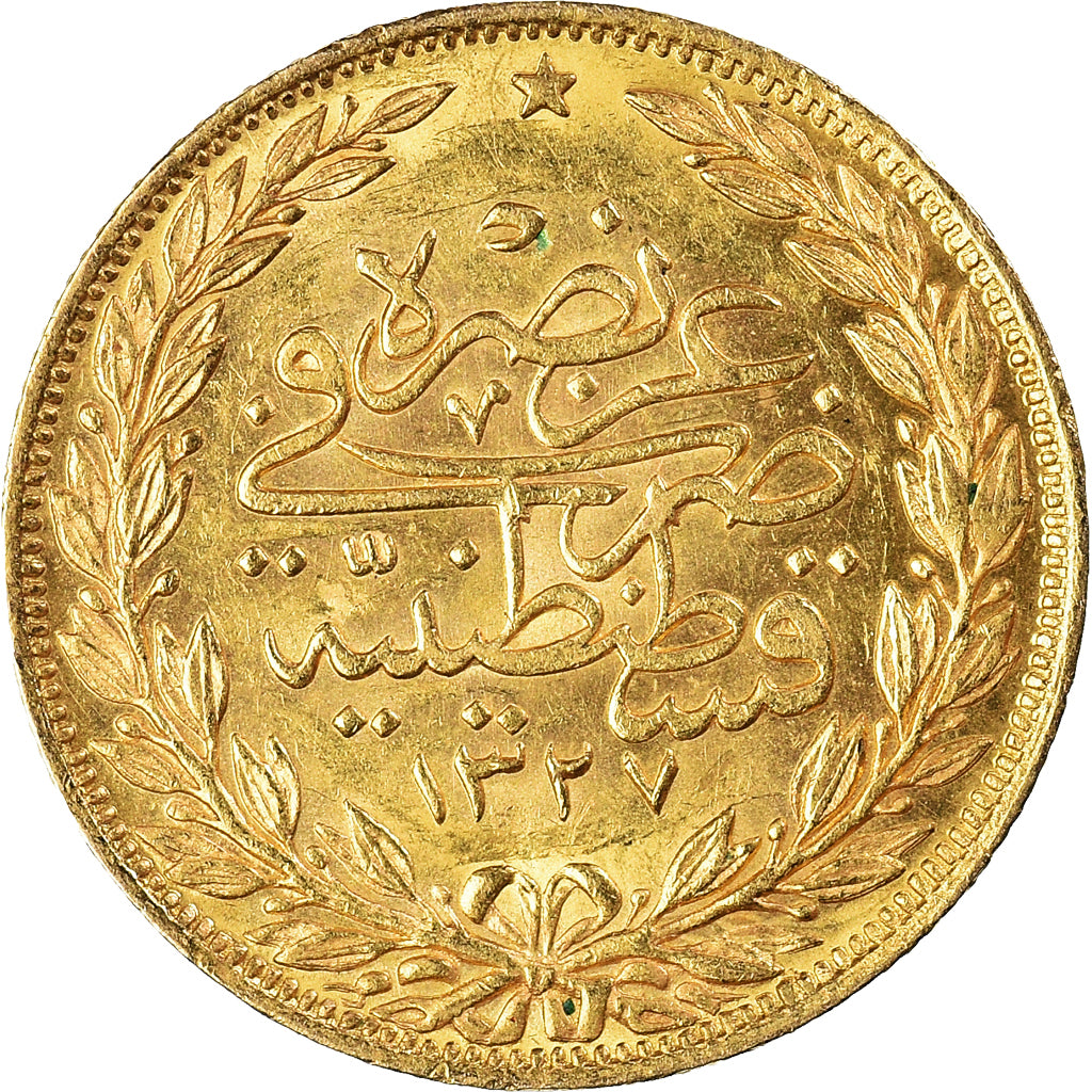 Coin, Turkey, Muhammad V, 100 Kurush, 1911/AH1327, Qustantiniyah, AU(50-53)