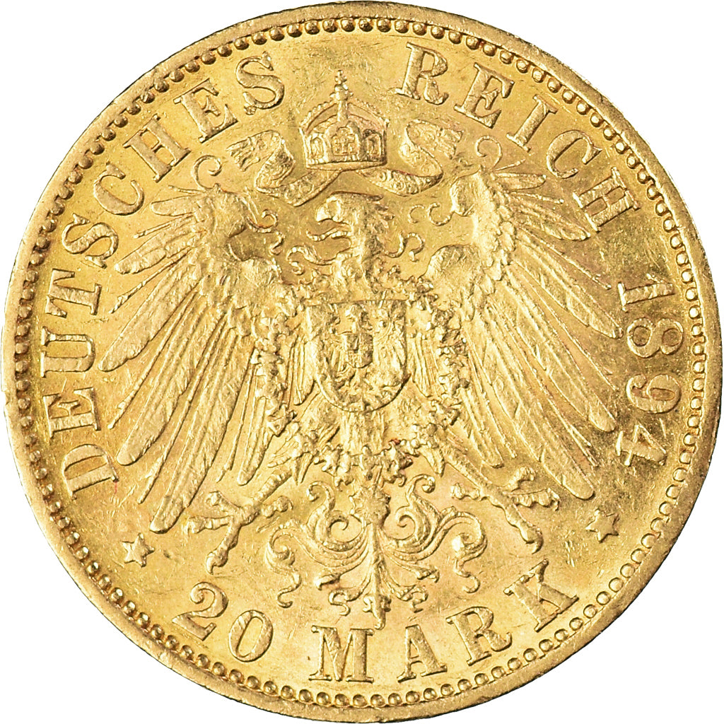 Moneta, Stati tedeschi, PRUSSIA, Wilhelm II, 20 Mark, 1894, Berlin, BB+, Oro