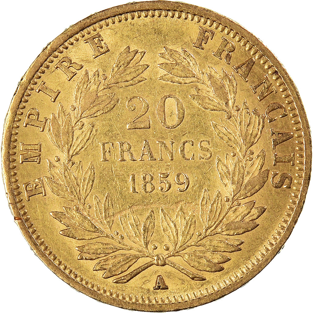 Monnaie, France, Napoleon III, 20 Francs, 1859, Paris, error struck thru, TTB+