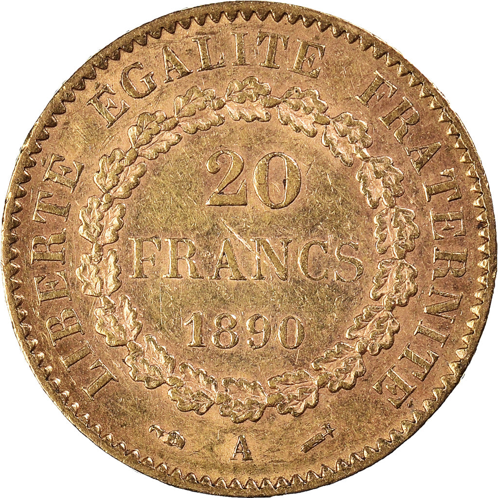 Moneda, Francia, Génie, 20 Francs, 1890, Paris, MBC+, Oro, KM:825, Gadoury:1063