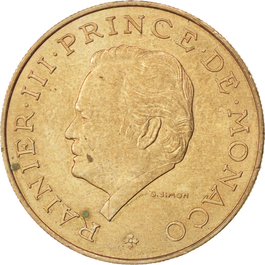 MONACO, 10 Francs, 1975, KM #154, AU(50-53), Copper-Nickel-Aluminum, Gadoury...