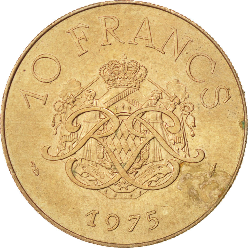 MONACO, 10 Francs, 1975, KM #154, AU(50-53), Copper-Nickel-Aluminum, Gadoury...