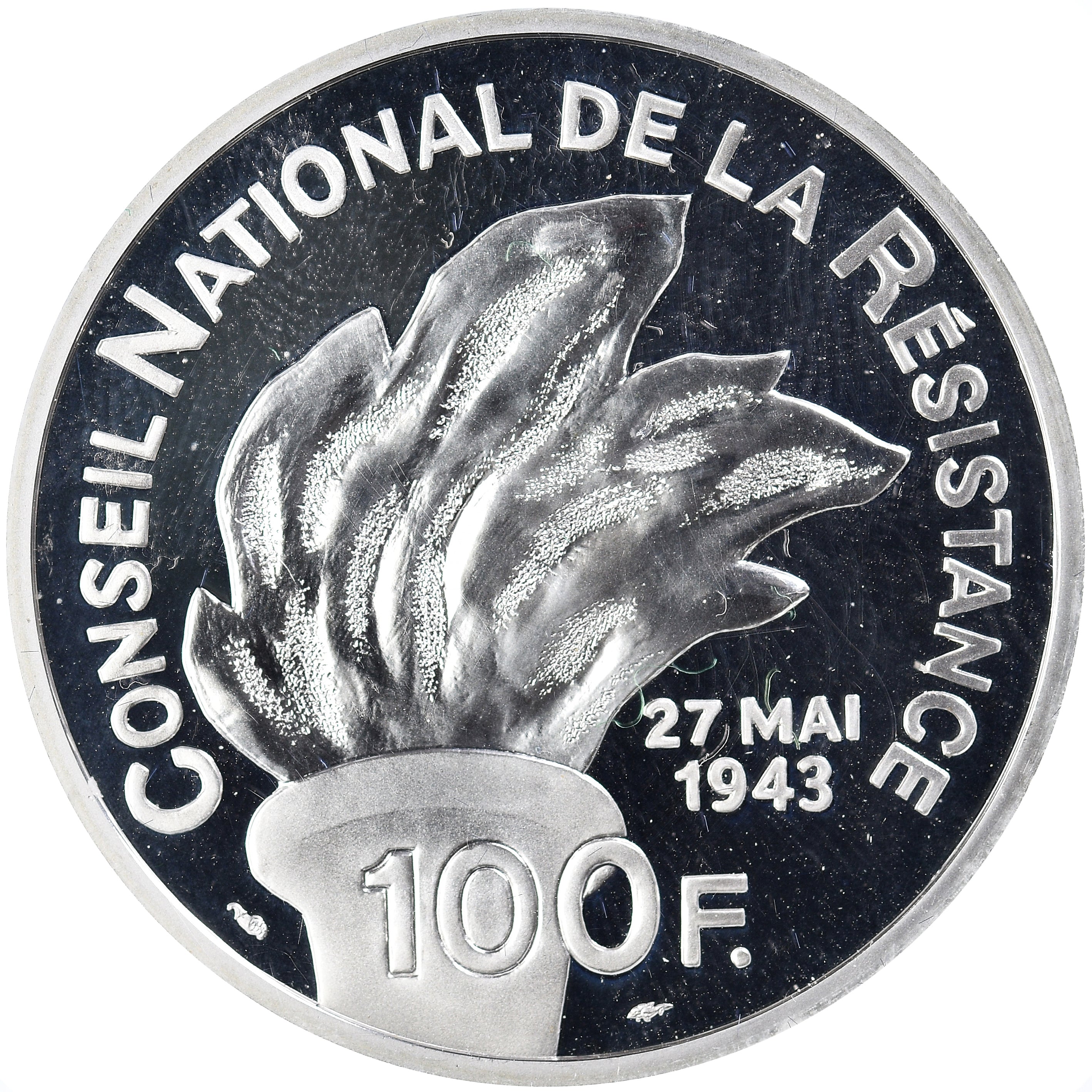 Munten, Frankrijk, Jean Moulin, Libération, 100 Francs, 1993, BE, FDC, Zilver