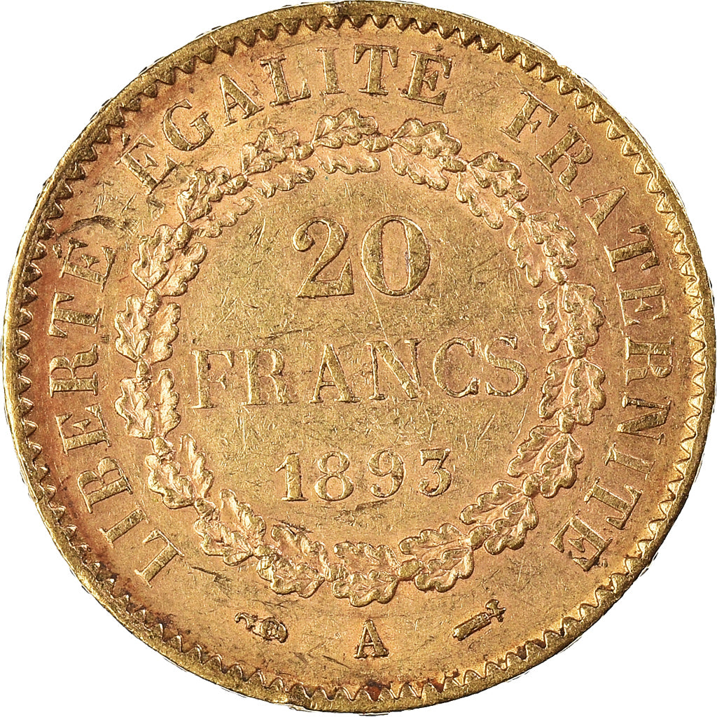 Moneta, Francia, Génie, 20 Francs, 1893, Paris, BB, Oro, KM:825, Gadoury:1063