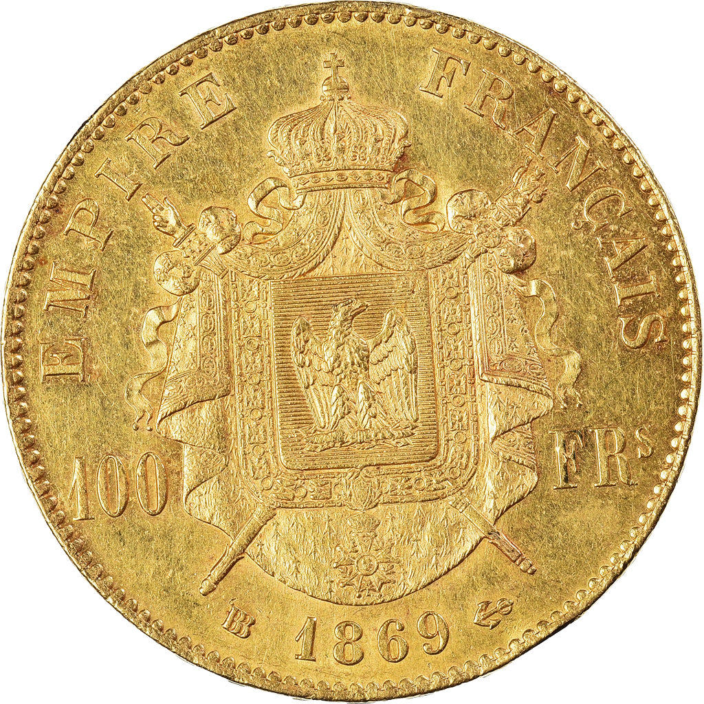 Moneda, Francia, Napoleon III, 100 Francs, 1869, Strasbourg, MBC+, Oro