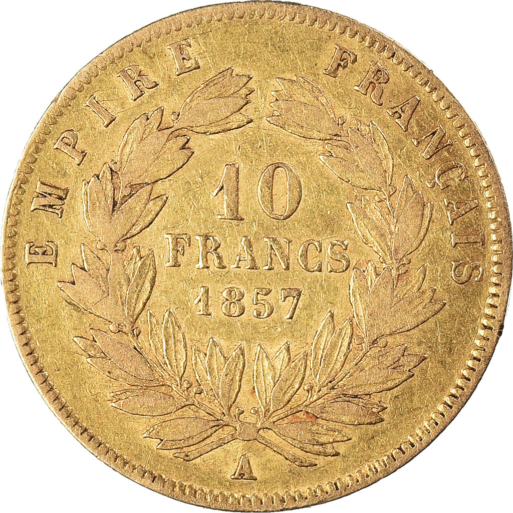 Moneda, Francia, Napoleon III, 10 Francs, 1857, Paris, BC+, Oro, KM:784.3