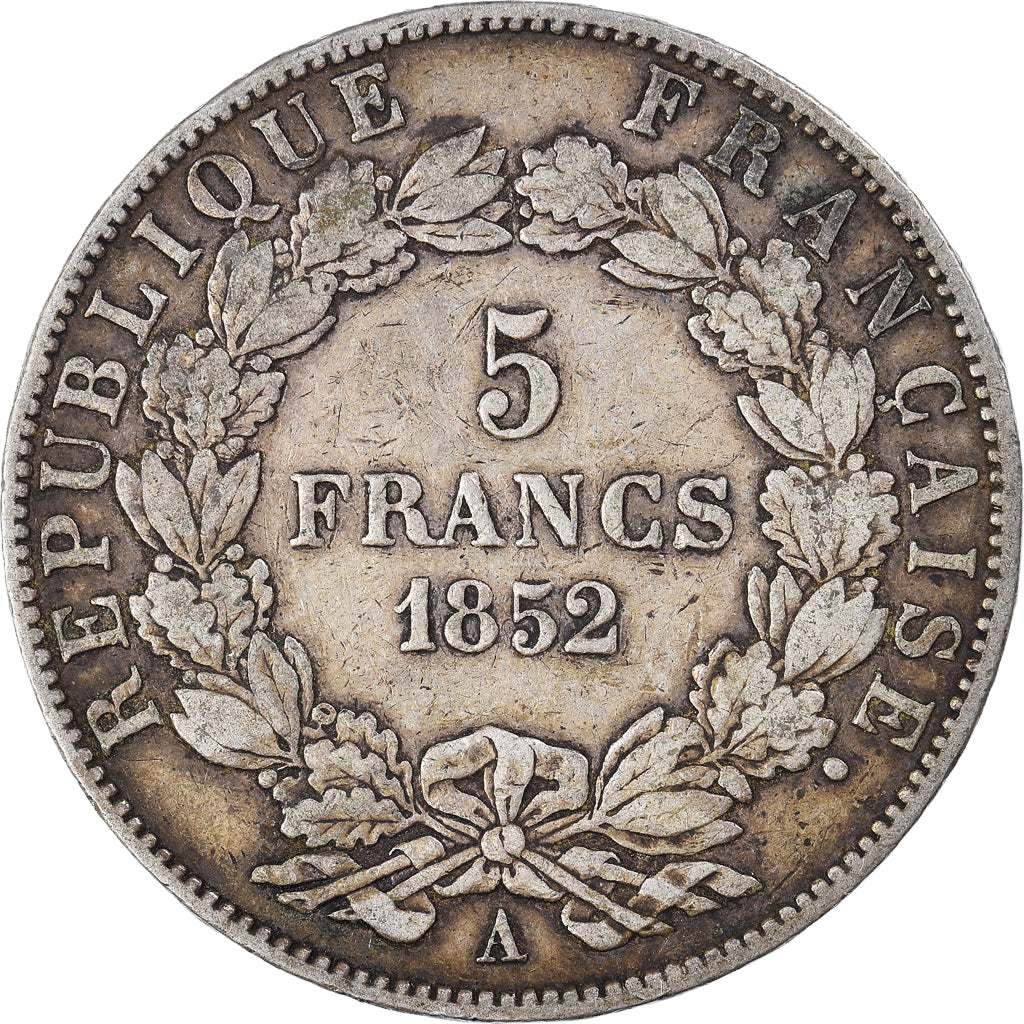 Moneda, Francia, Napoléon III, 5 Francs, 1852, Paris, BC+, Plata, KM:773.1