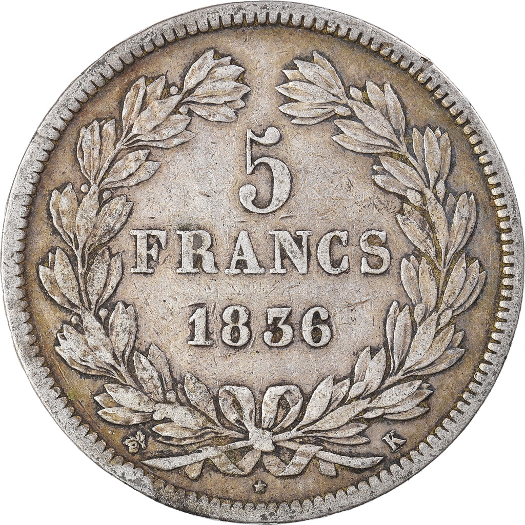 Moneta, Francia, Louis-Philippe, 5 Francs, 1836, Bordeaux, MB+, Argento