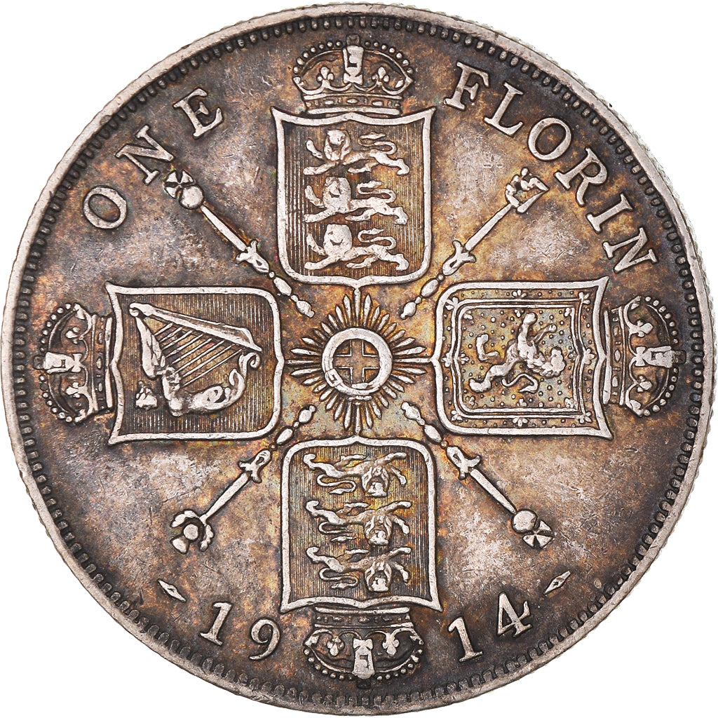 Coin, Great Britain, George V, Florin, Two Shillings, 1914, AU(50-53), Silver