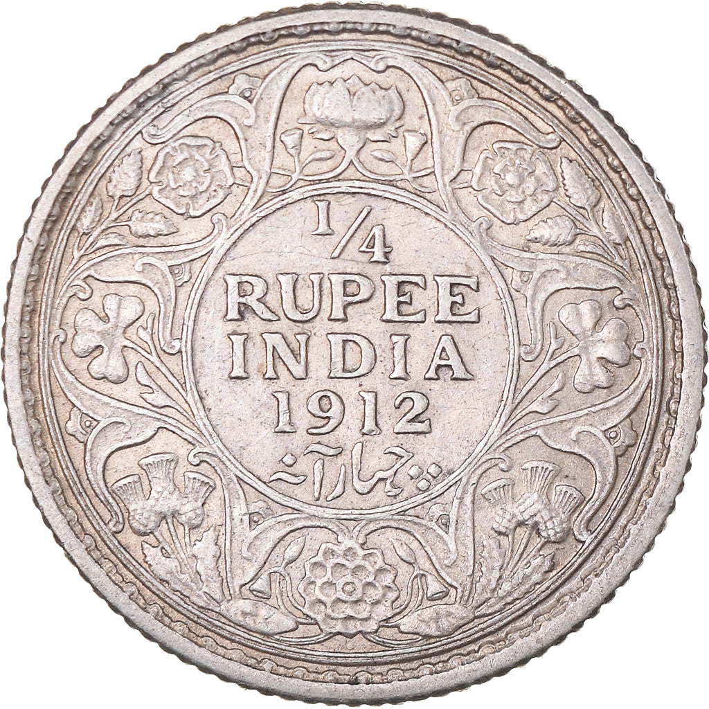 Coin, British India, George V, 1/4 Rupee, 1914, Calcutta, EF(40-45), Silver