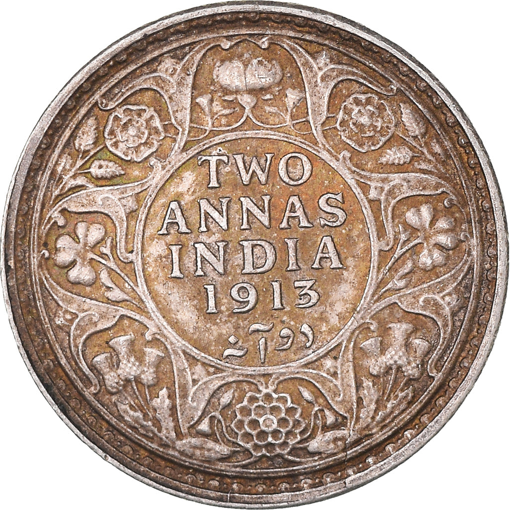 Coin, INDIA-BRITISH, George V, 2 Annas, 1913, AU(50-53), Silver, KM:515