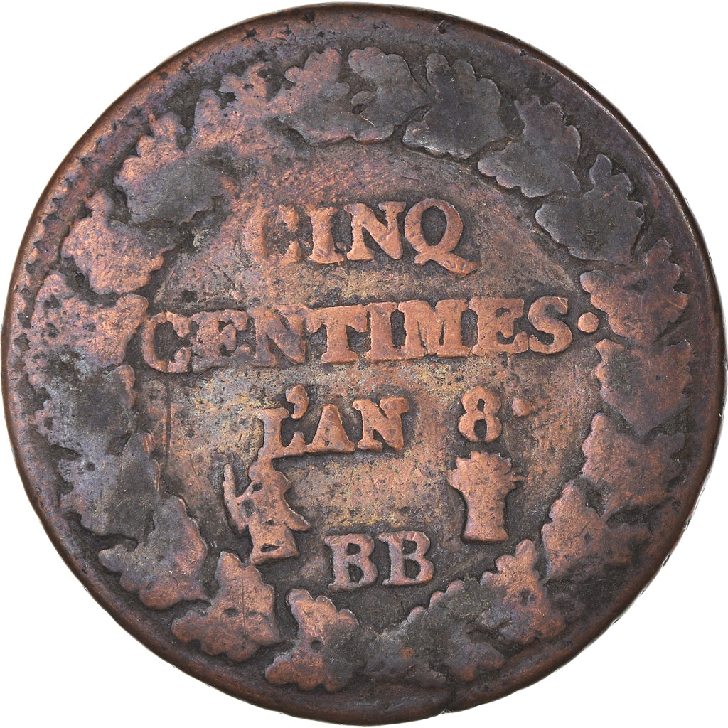 Coin, France, Dupré, 5 Centimes, AN 8, Strasbourg, VF(20-25), Bronze, KM:640.4