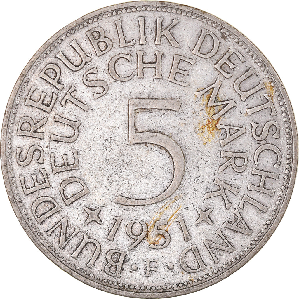 Moneta, GERMANIA - REPUBBLICA FEDERALE, 5 Mark, 1951, Stuttgart, MB+, Argento