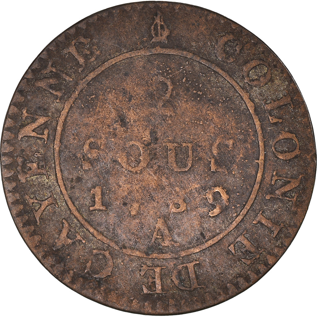 Coin, FRENCH GUIANA, 2 Sous, 1789, Paris, VF(30-35), Billon, KM:1, Lecompte:20