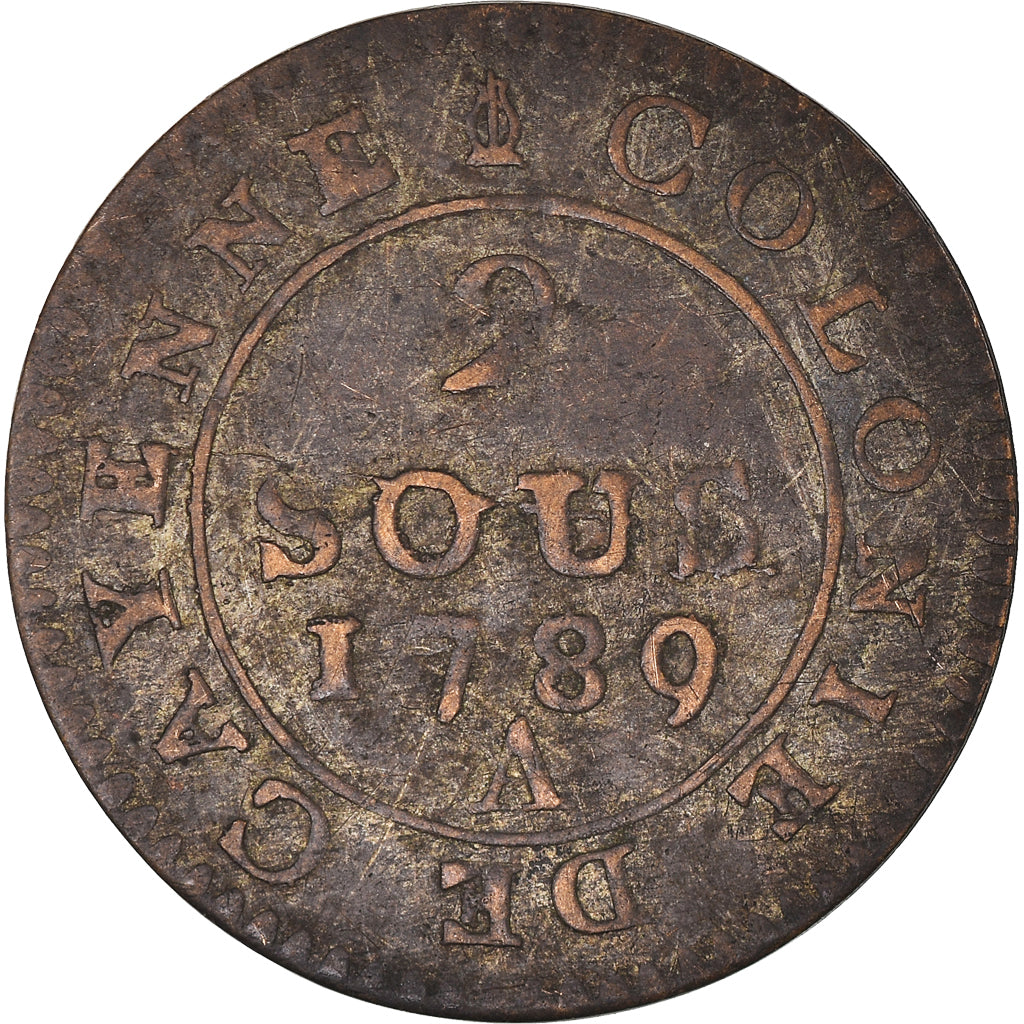 Moneta, GUJANA FRANCUSKA, 2 Sous, 1789, Paris, EF(40-45), Bilon, KM:1