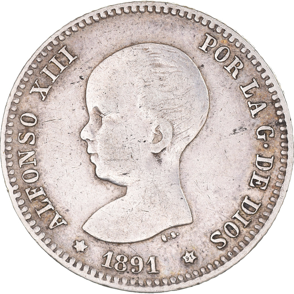 Coin, Spain, Alfonso XIII, Peseta, 1891, Madrid, EF(40-45), Silver, KM:691