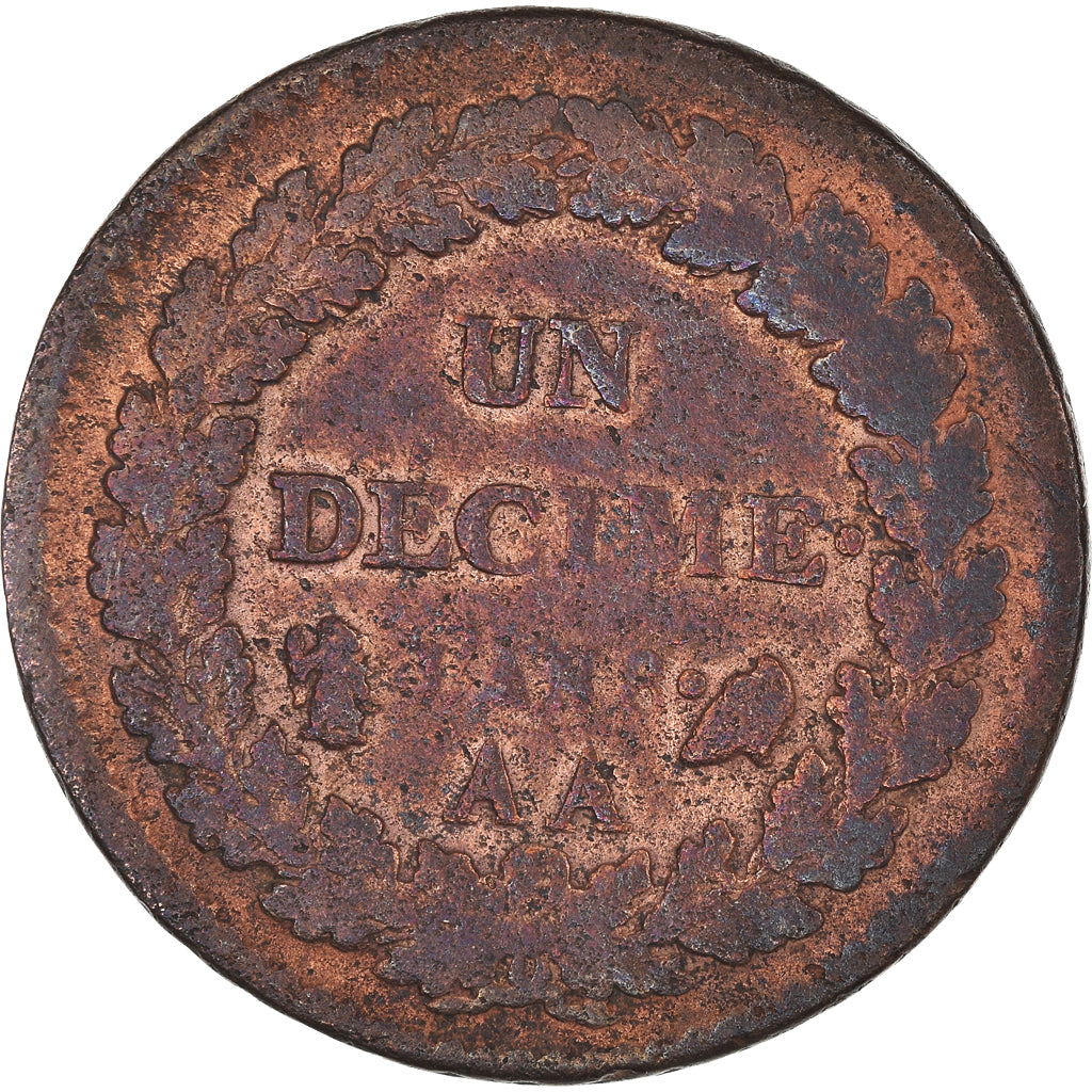 Moneda, Francia, Dupré, Decime, AN 8, Metz, BC+, Bronce, KM:644.2, Gadoury:187a