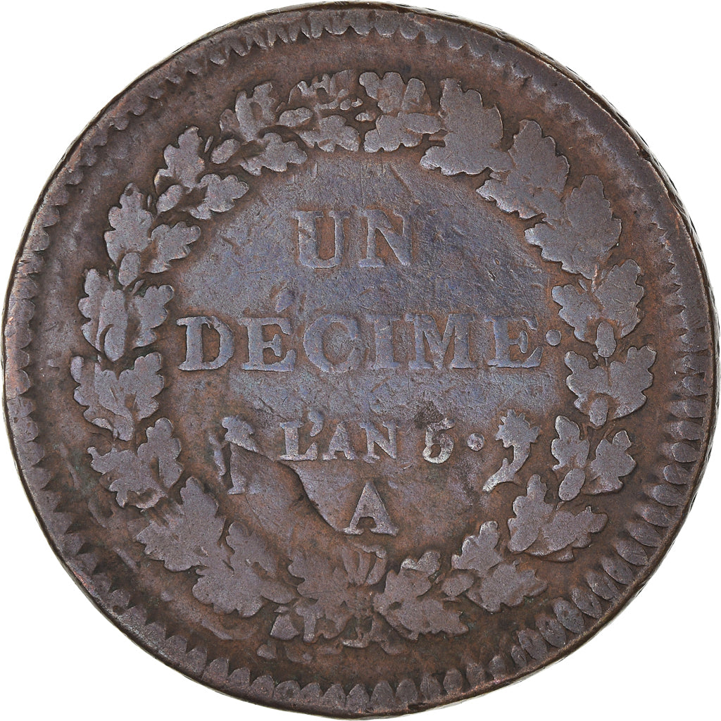 Coin, France, Dupré, Decime, AN 5, Paris, Refrappage du 2 décimes, VF(20-25)