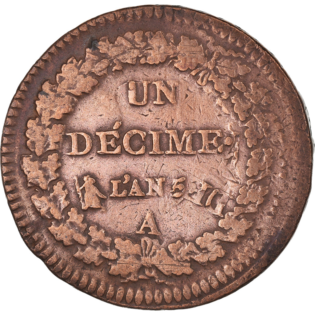 Coin, France, Dupré, Decime, AN 5, Paris, Refrappage du 2 décimes, VF(20-25)