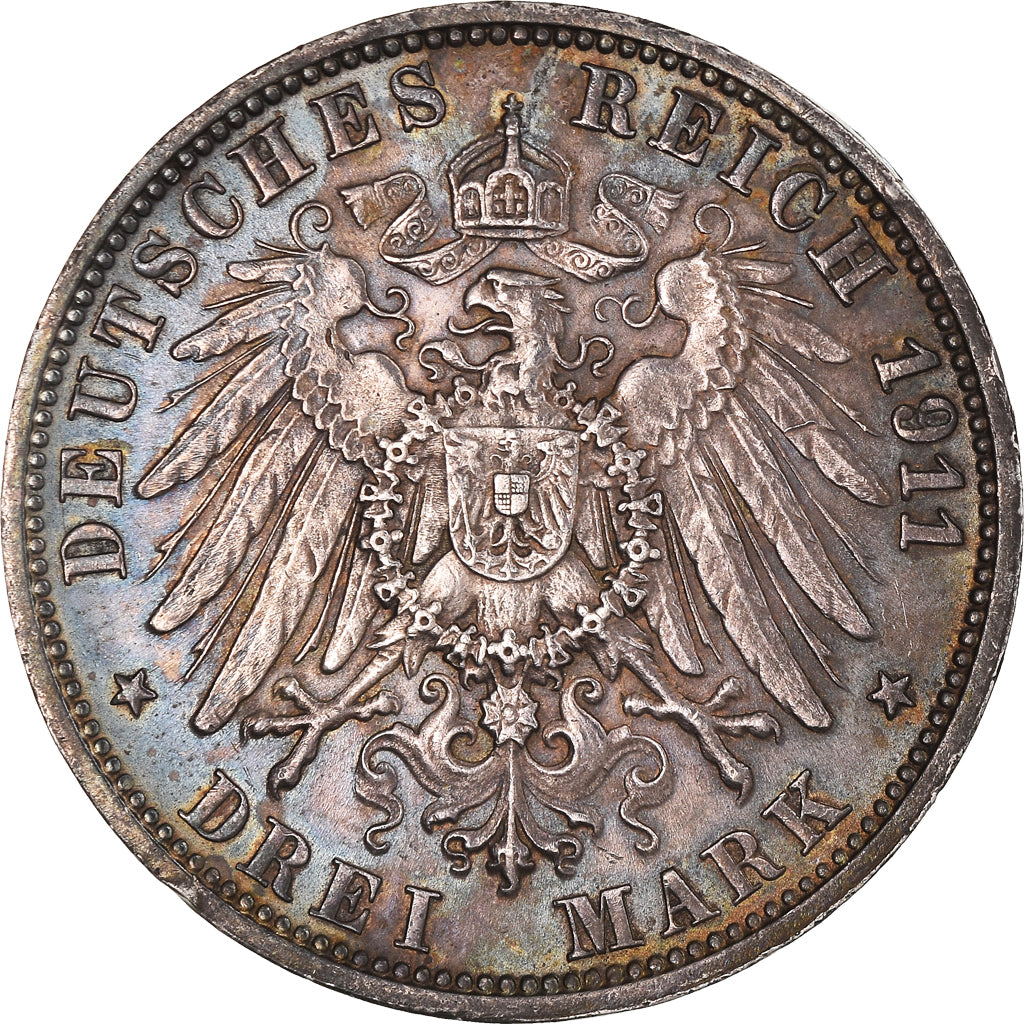 Coin, German States, WURTTEMBERG, Wilhelm II, 3 Mark, 1911, Freudenstadt