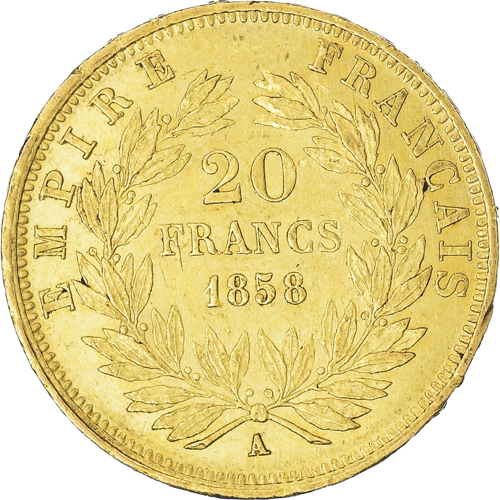 Munten, Frankrijk, Napoleon III, 20 Francs, 1858, Paris, ZF+, Goud, Gadoury:1061