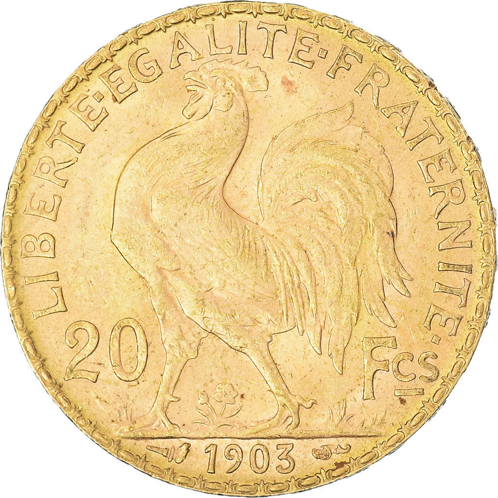 Moeda, França, Marianne, 20 Francs, 1903, Paris, Coq, AU(50-53), Dourado