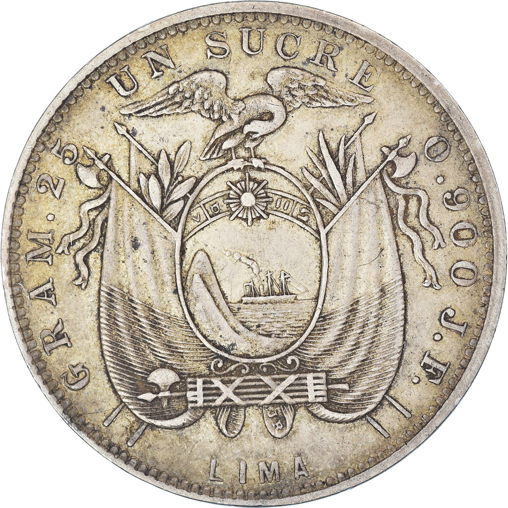 Moeda, Equador, Sucre, Un, 1897, Lima, Lima, EF(40-45), Prata, KM:53.3