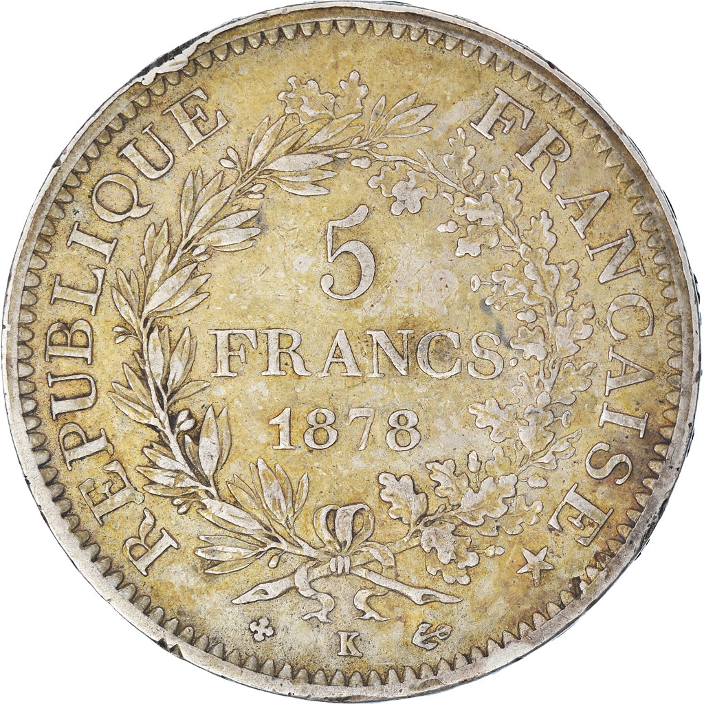 Moneda, Francia, Hercule, 5 Francs, 1878, Bordeaux, BC+, Plata, KM:820.2
