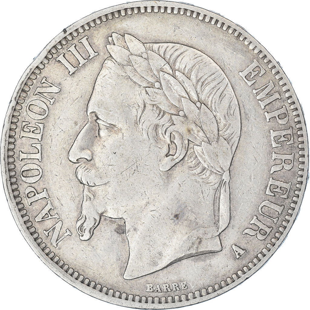 Moneda, Francia, Napoleon III, 5 Francs, 1867, Paris, BC+, Plata, KM:799.1