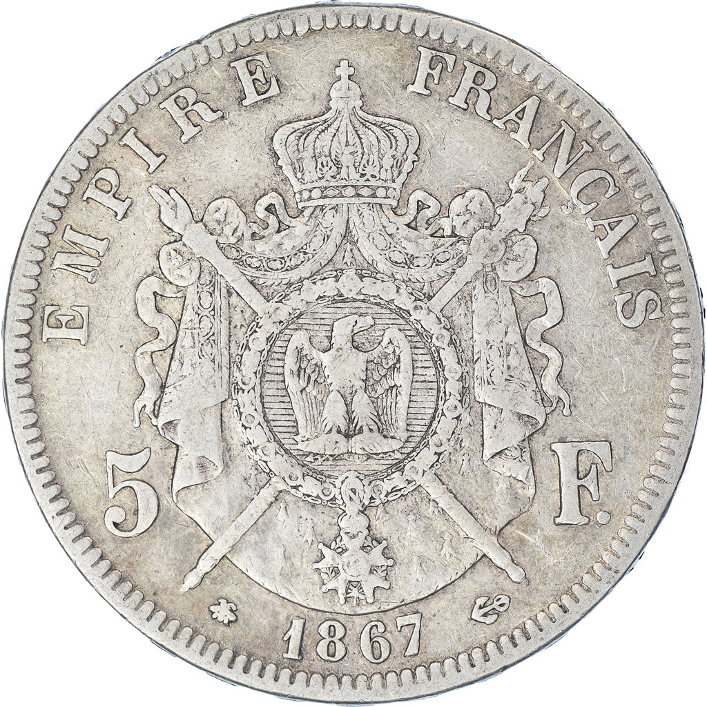 Moneda, Francia, Napoleon III, 5 Francs, 1867, Paris, BC+, Plata, KM:799.1