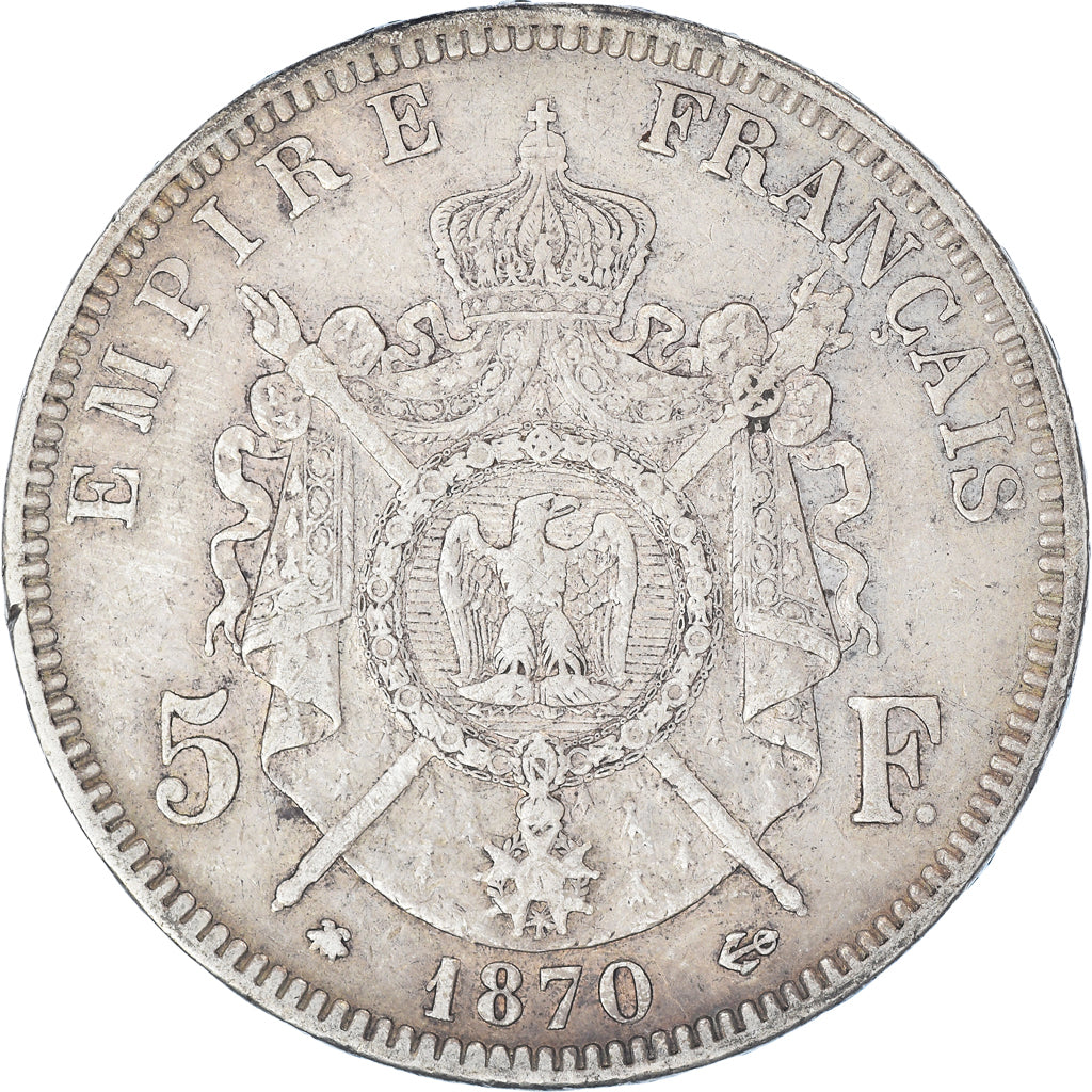 Moeda, França, Napoleon III, 5 Francs, 1870, Paris, VF(30-35), Prata, KM:799.1