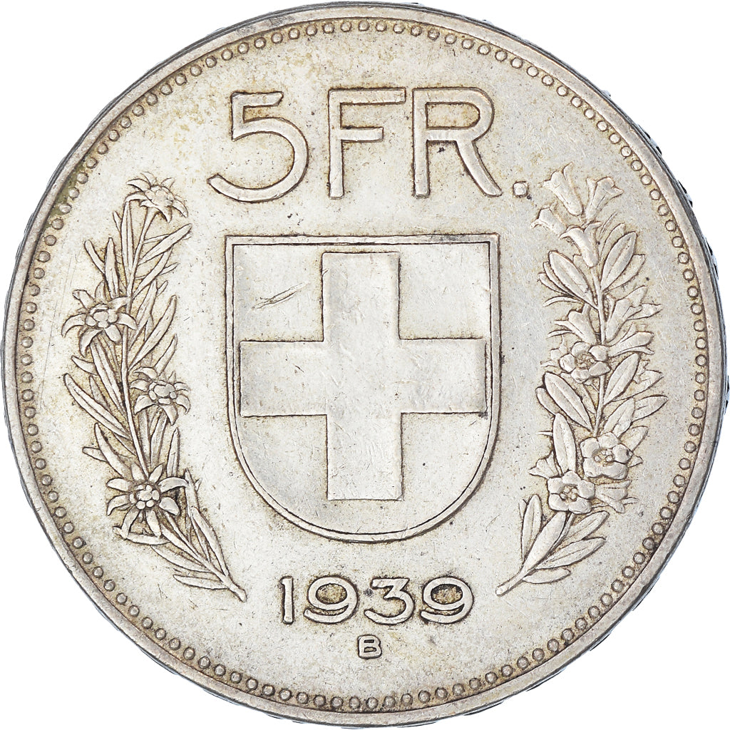 Coin, Switzerland, 5 Francs, 1939, Bern, EF(40-45), Silver, KM:40