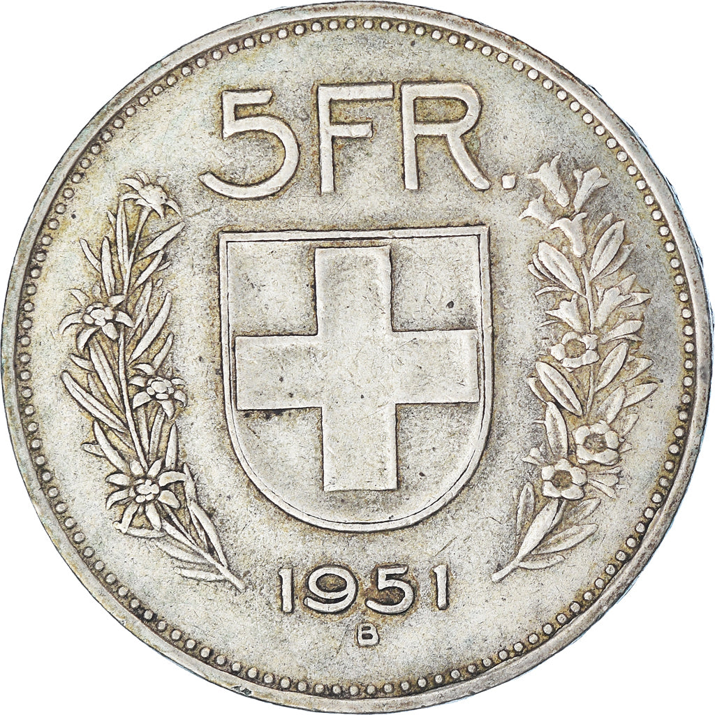 Coin, Switzerland, 5 Francs, 1951, Bern, EF(40-45), Silver, KM:40