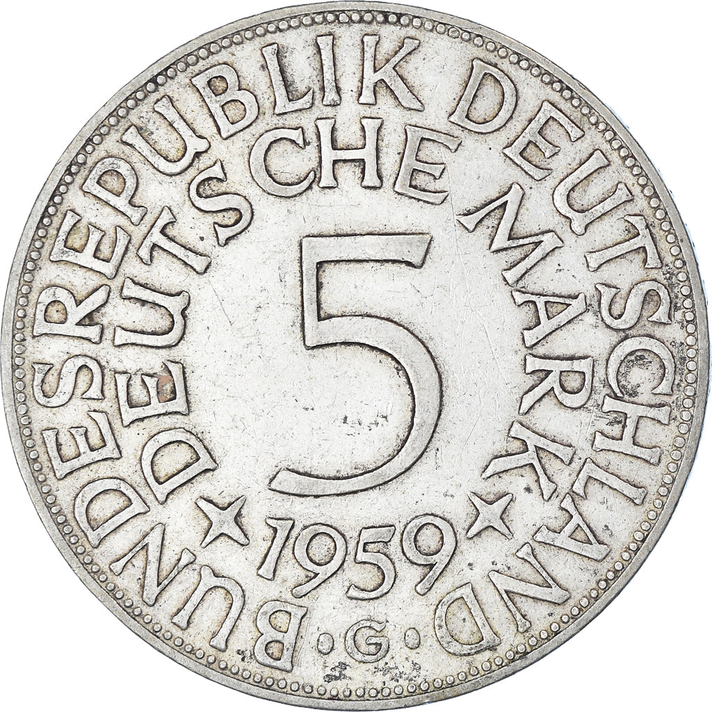 Coin, GERMANY - FEDERAL REPUBLIC, 5 Mark, 1959, Karlsruhe, EF(40-45), Silver