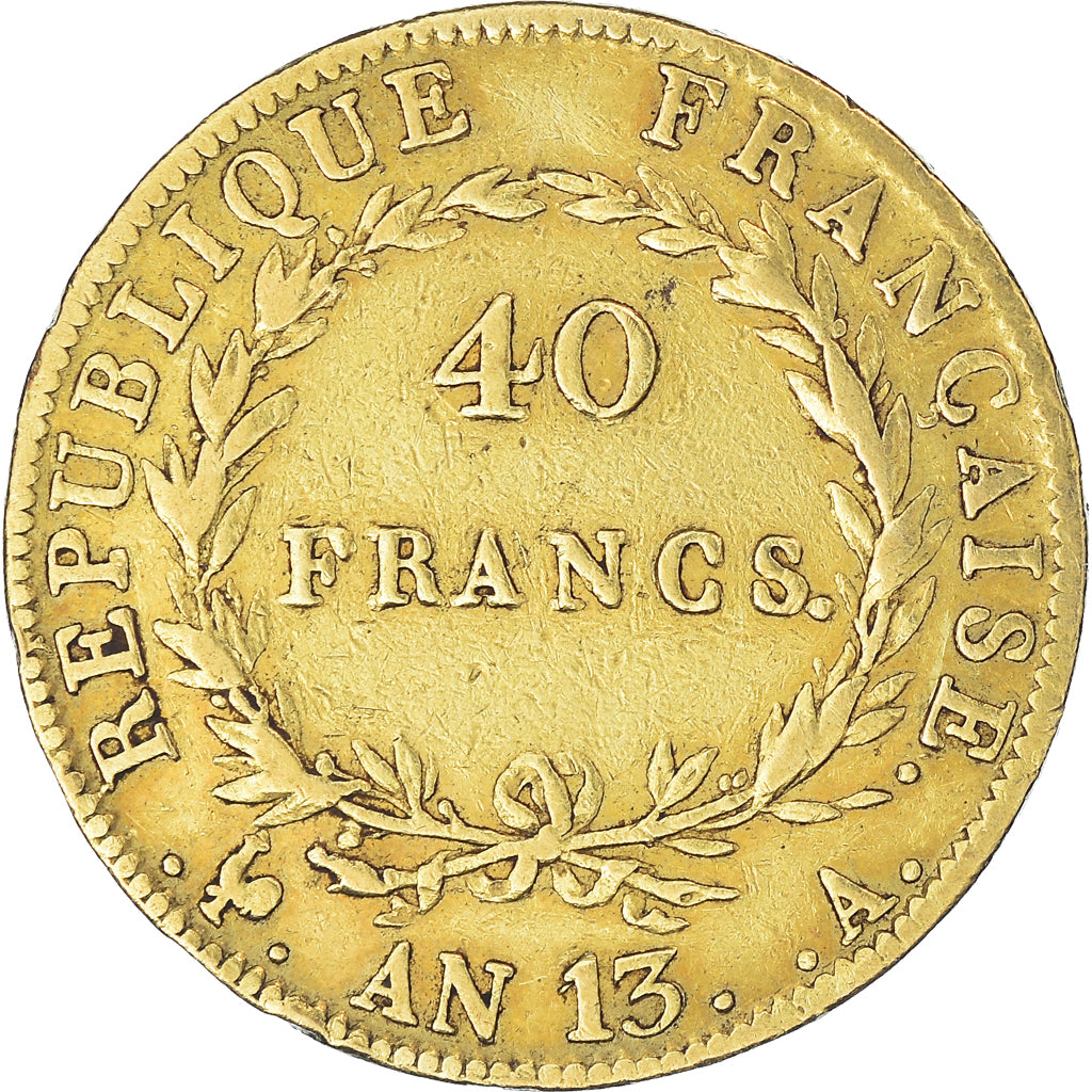 Moneda, Francia, Napoleon I, 40 Francs, AN 13, Paris, BC+, Oro, KM:664.1, Le
