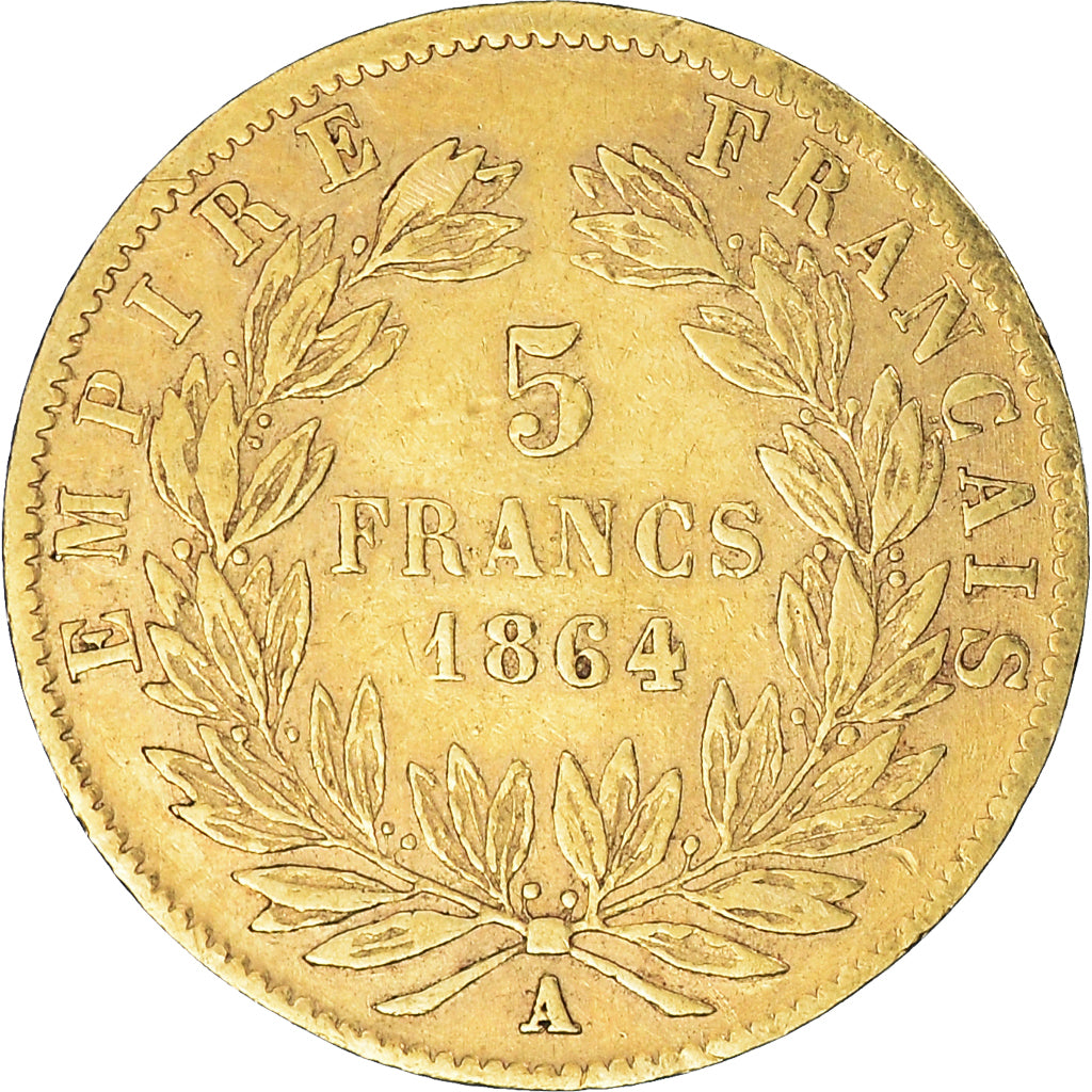Moneda, Francia, Napoleon III, 5 Francs, 1864, Paris, MBC, Oro, KM:803.1