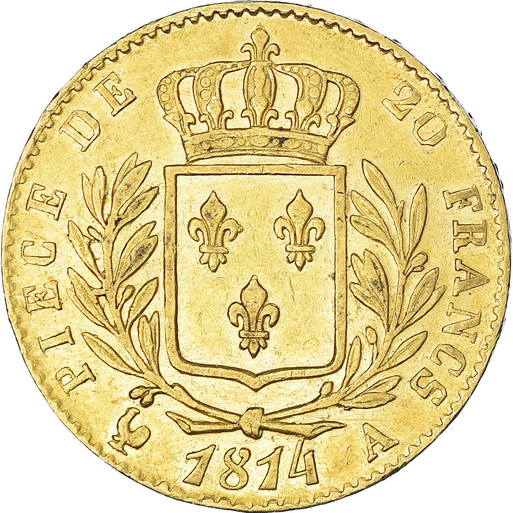 Coin, France, Louis XVIII, 20 Francs, 1814, Paris, AU(50-53), Gold, KM:706.1