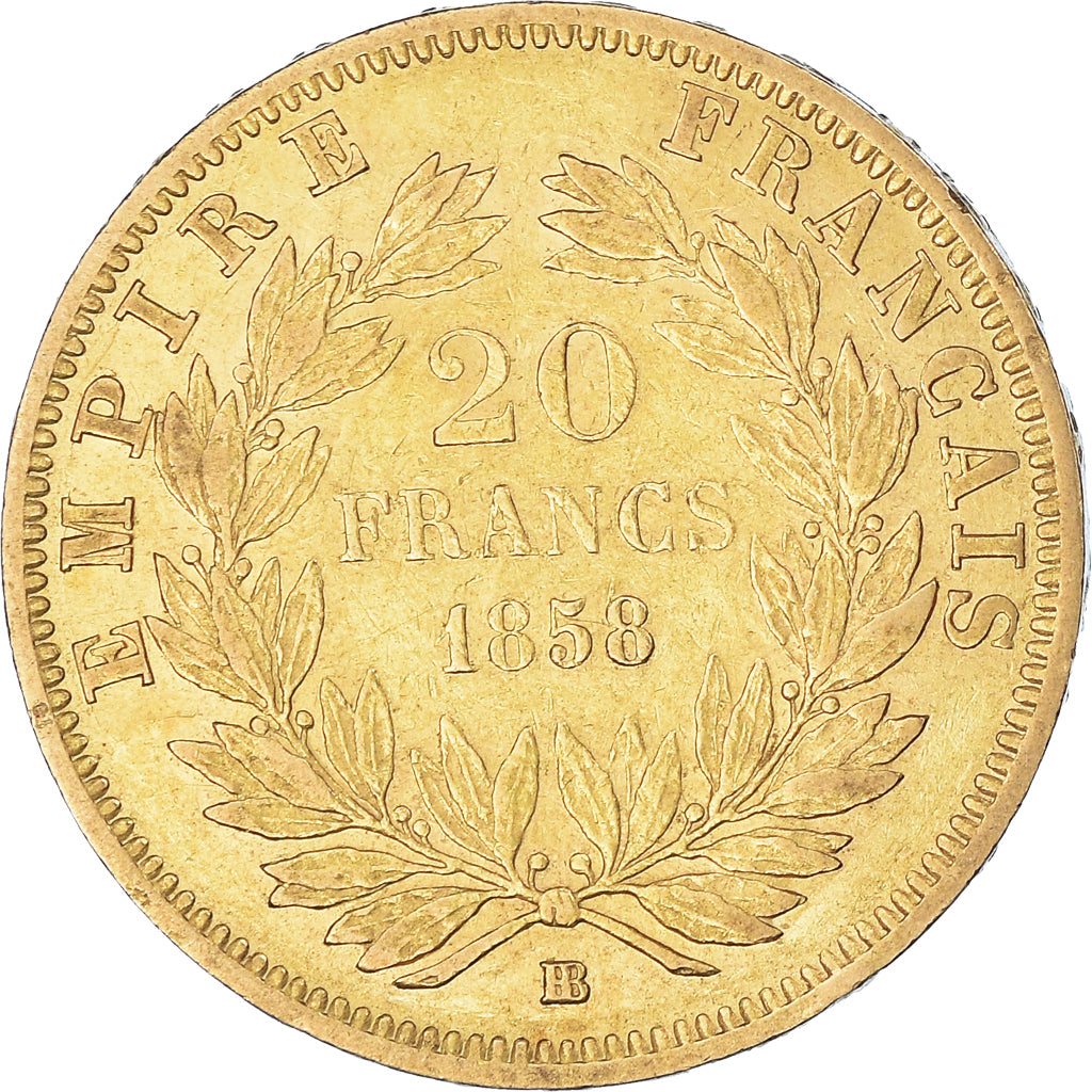 France, Napoleon III, 20 Francs, 1858, Strasbourg, EF(40-45), Gold, KM:781.2