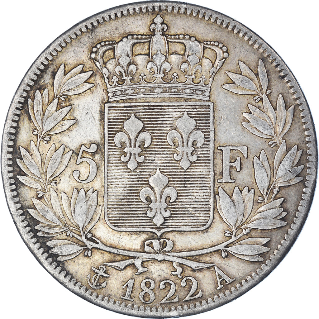 Moneta, Francia, Louis XVIII, 5 Francs, 1822, Paris, BB, Argento, KM:711.1