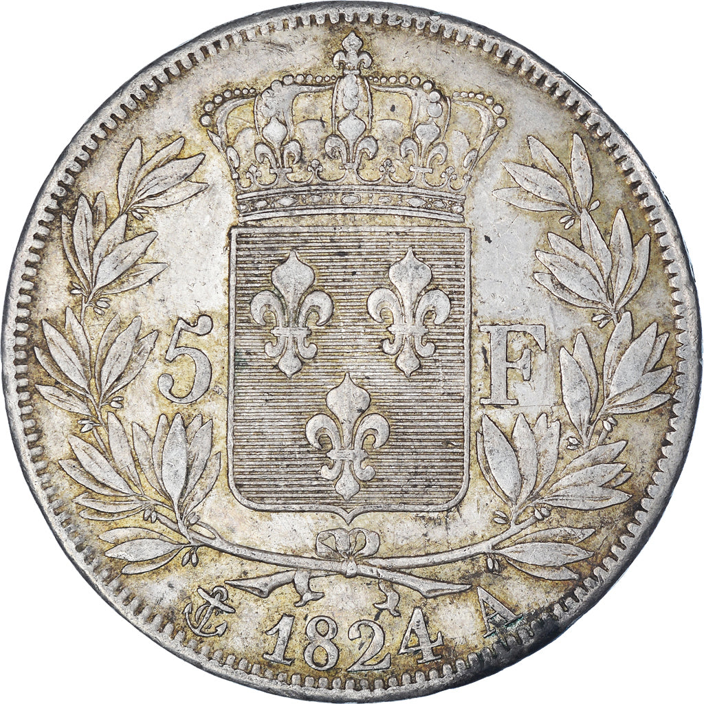Moneda, Francia, Louis XVIII, 5 Francs, 1824, Paris, MBC, Plata, KM:711.1