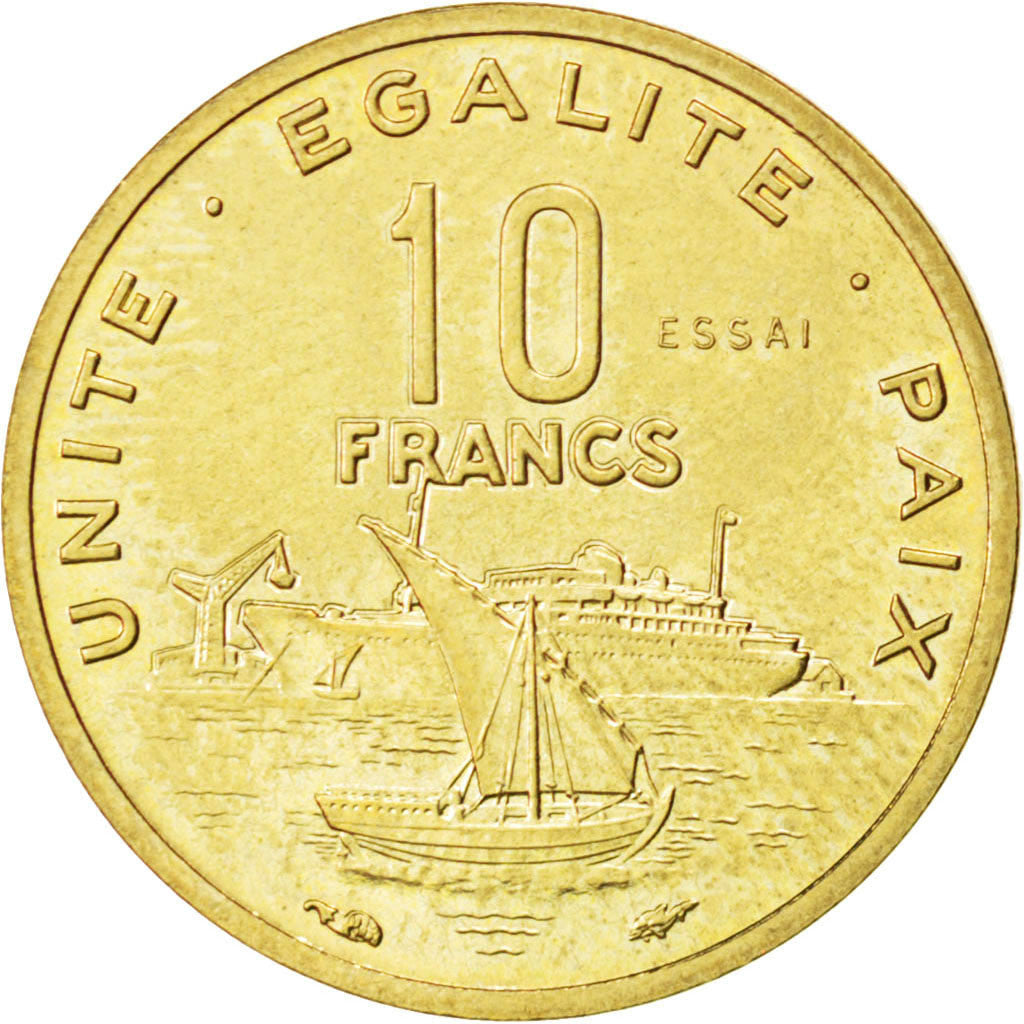 DJIBOUTI, 10 Francs, 1977, KM #E4, MS(60-62), Bronze-Aluminium, 2.92